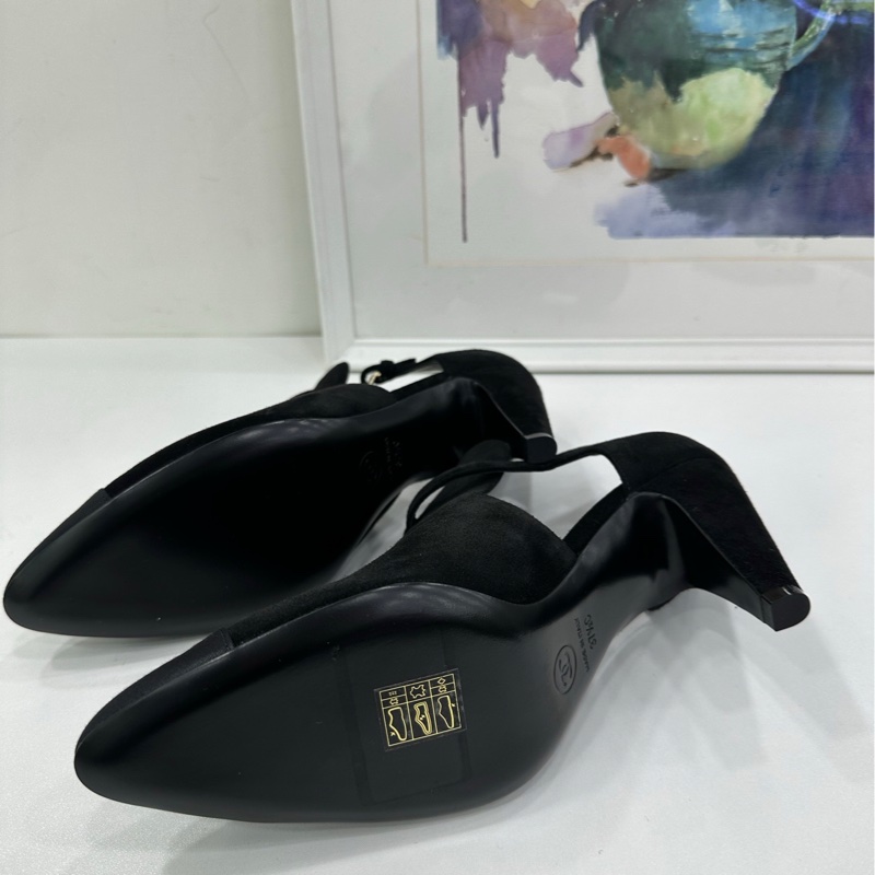 Chanel 香奈兒黑色麂皮拼皮 瑪麗珍 高跟鞋 37 碼 閒置-4