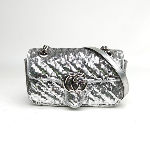 GUCCI 銀色珠片銀扣GGMarmont肩背包Mini22斜紋亮片