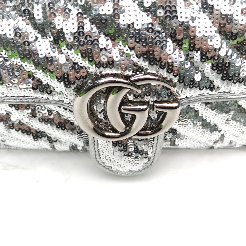 GUCCI 銀色珠片銀扣GGMarmont肩背包Mini22斜紋亮片-4