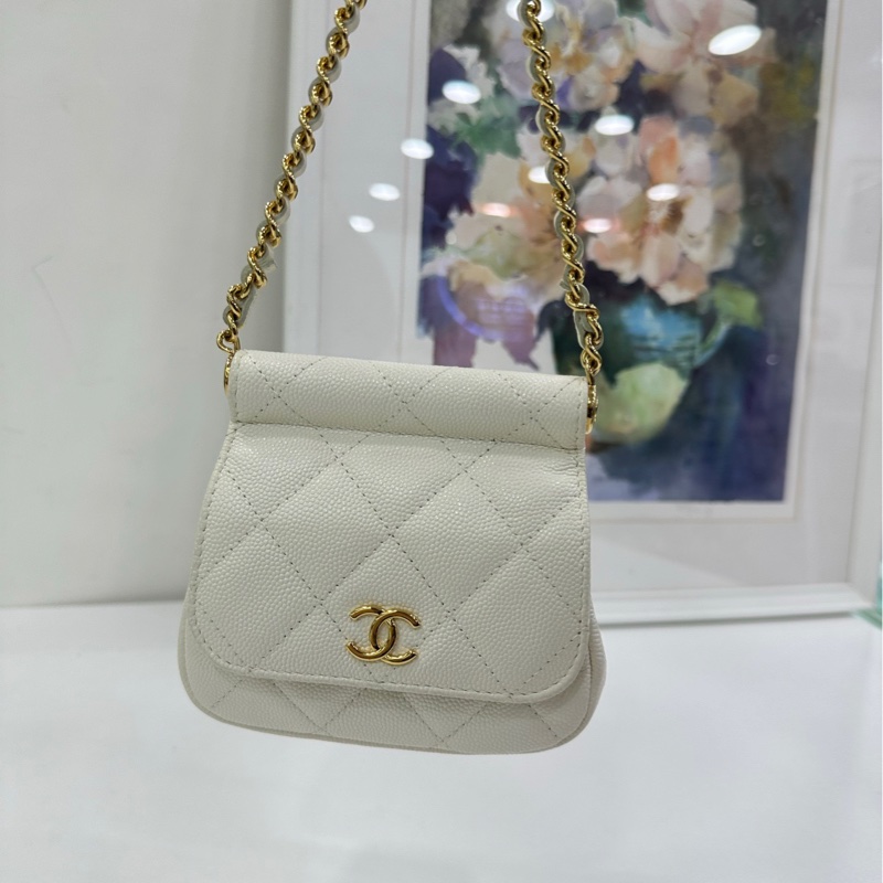 Chanel 香奈兒 22K 元寶包 白色 金扣 荔枝牛皮 晶片 尺寸:12.5*14*6-5