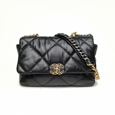 CHANEL 19BAG口蓋包中號30cm黑色羊皮30開金銀扣肩背包