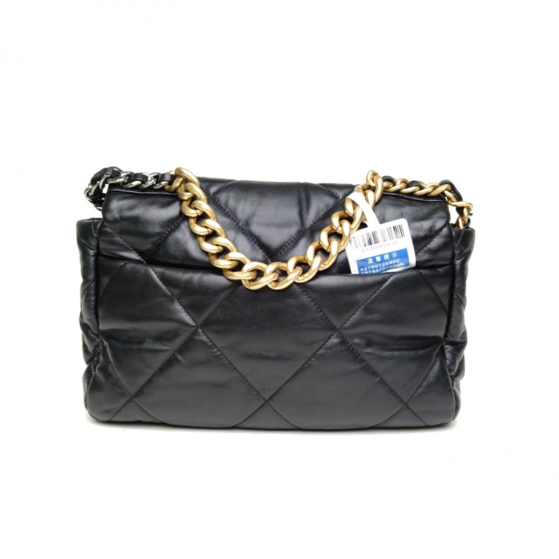 CHANEL 19BAG口蓋包中號30cm黑色羊皮30開金銀扣肩背包-2