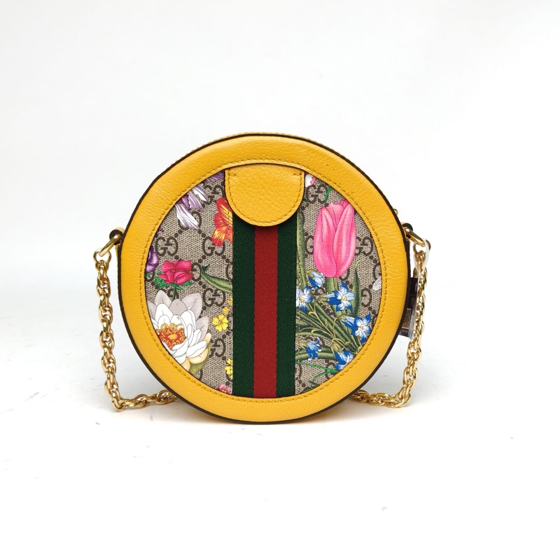 GUCCI Ophidia圓餅包斜挎包18花卉印花黃色PVC金扣-2