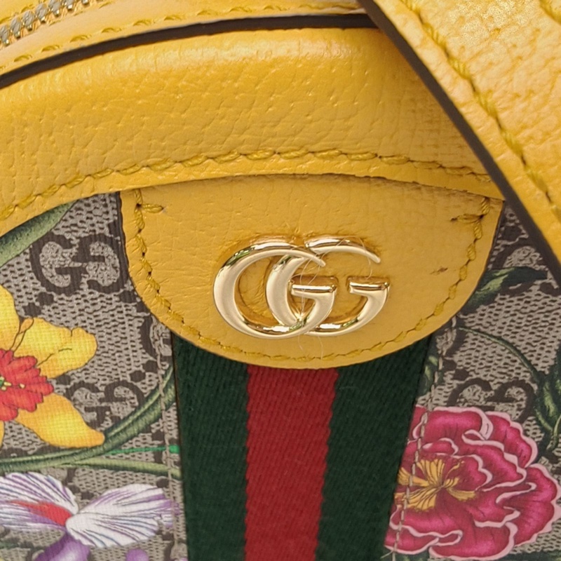 GUCCI Ophidia圓餅包斜挎包18花卉印花黃色PVC金扣-4