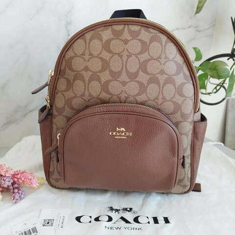 COACH 🌈現品實拍 🌈經典撞色印花LOGO 雙肩後背包.駝/咖