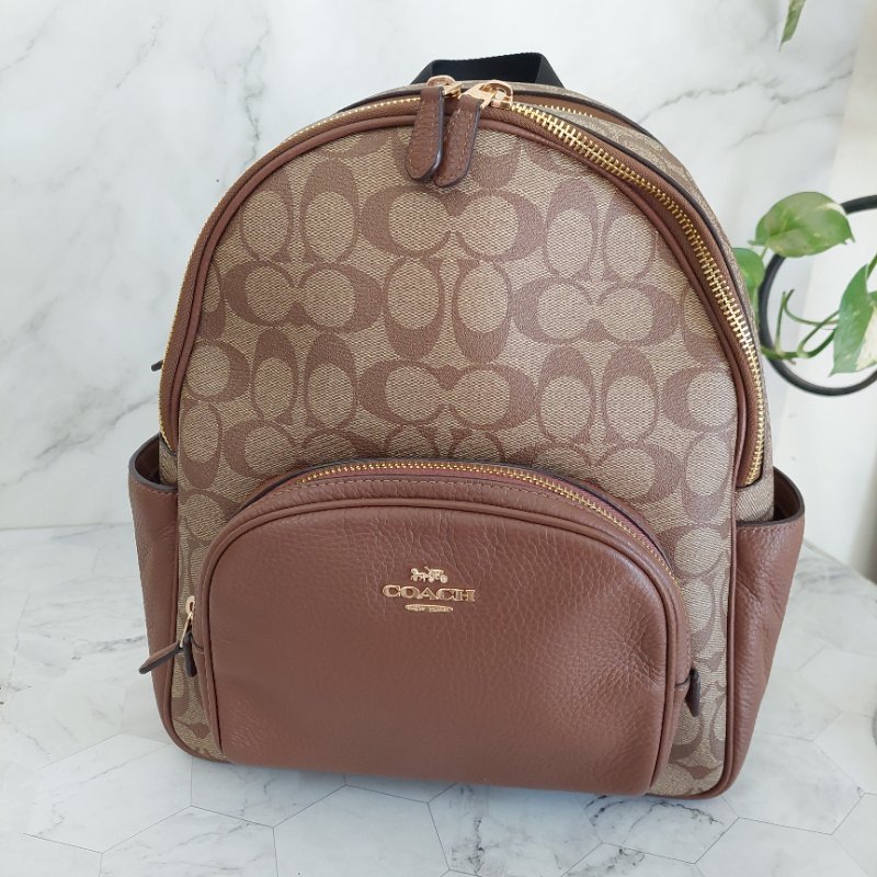 COACH 🌈現品實拍 🌈經典撞色印花LOGO 雙肩後背包.駝/咖-14