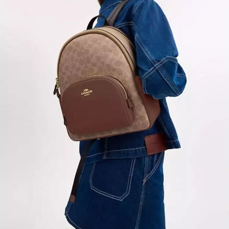 COACH 🌈現品實拍 🌈經典撞色印花LOGO 雙肩後背包.駝/咖-15