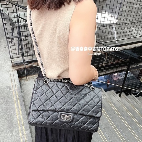 Chanel 2.55黑銀鏈條口蓋包大號 油蠟牛皮 32*19 98新配件塵袋