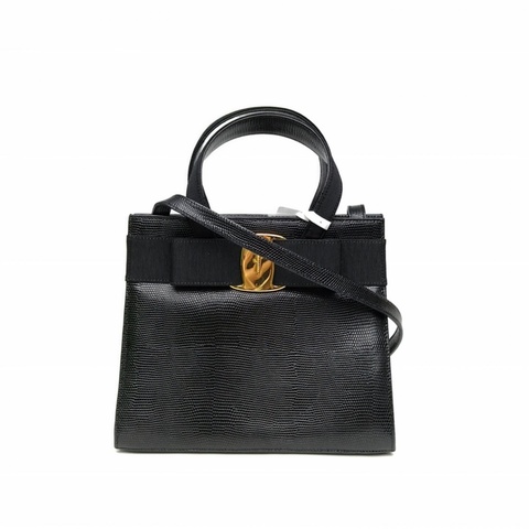 FERRAGAMO 黑色牛皮博物館手提包蜥蜴壓紋肩背包