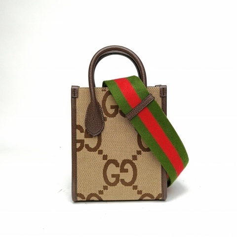 GUCCI 大號雙G圖案迷你托特包配紅綠織帶烏木色帆布金扣肩背包