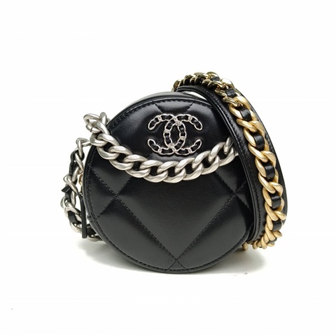 CHANEL 19BAG小圓餅包黑色羊皮鐳射標金銀扣肩背包