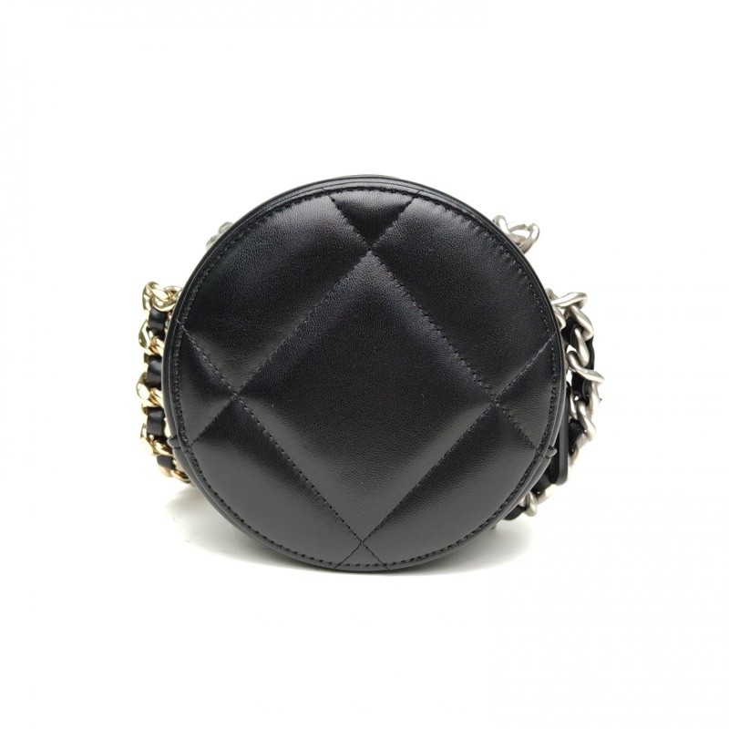 CHANEL 19BAG小圓餅包黑色羊皮鐳射標金銀扣肩背包-2