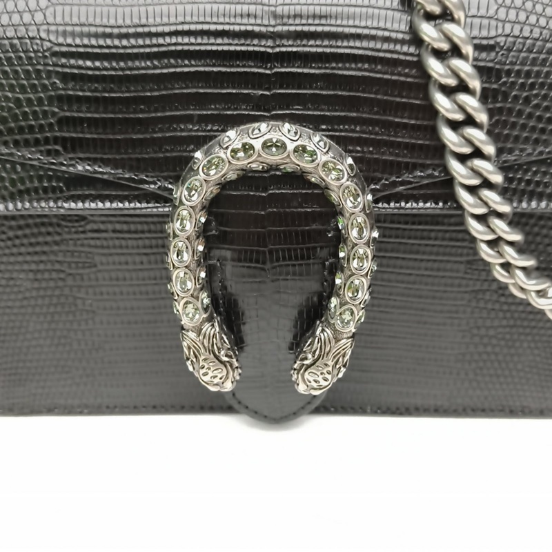 GUCCI Dionysus酒神小號25黑色蜥蜴皮鑽扣肩背包-4
