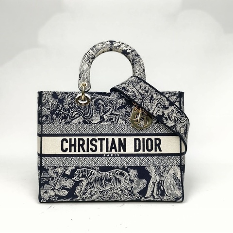 DIOR 墨藍色帆布金扣2021LadyD-Lite戴妃包肩背包