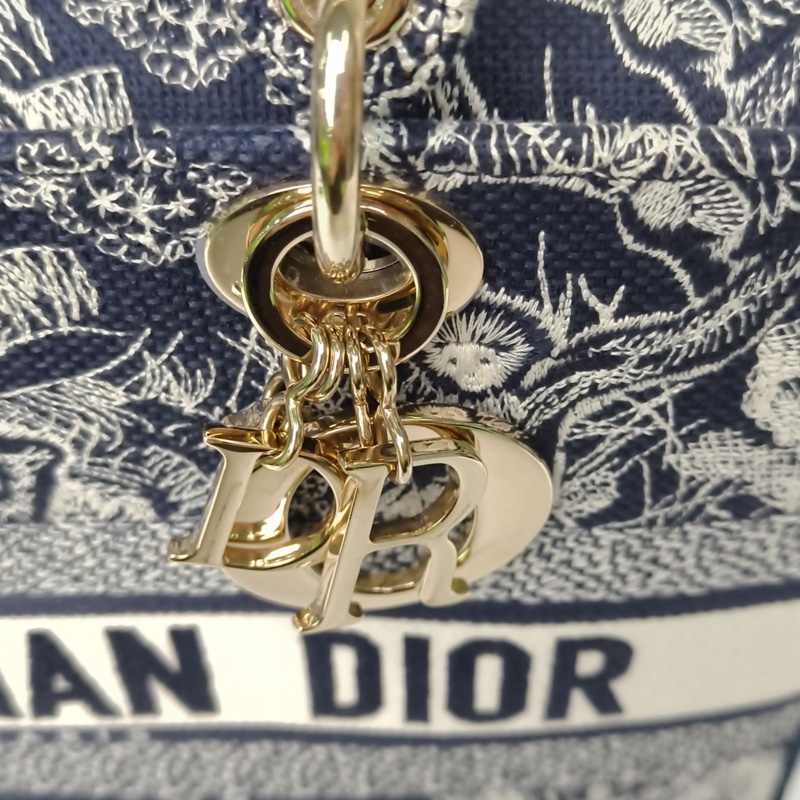 DIOR 墨藍色帆布金扣2021LadyD-Lite戴妃包肩背包-4