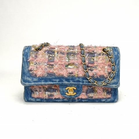 CHANEL CF口蓋包中號25.5拼色牛仔/粗花呢23開金扣肩背包