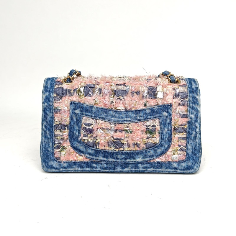 CHANEL CF口蓋包中號25.5拼色牛仔/粗花呢23開金扣肩背包-2