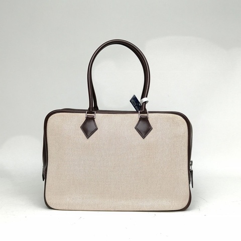 HERMES 46烏木色Box皮帆布框F銀扣Plume手提包32