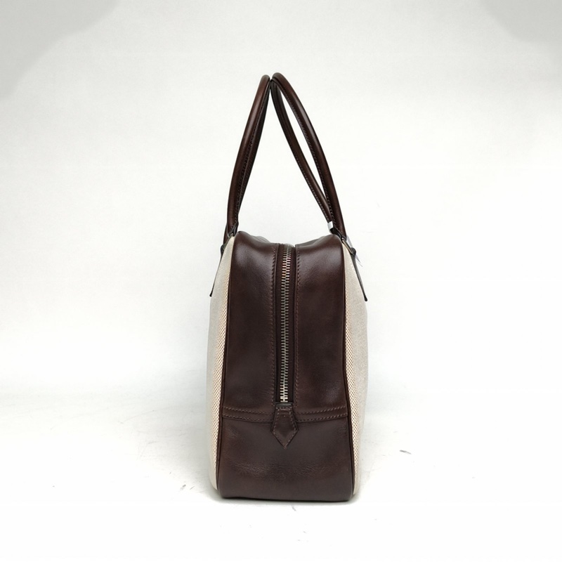 HERMES 46烏木色Box皮帆布框F銀扣Plume手提包32-1