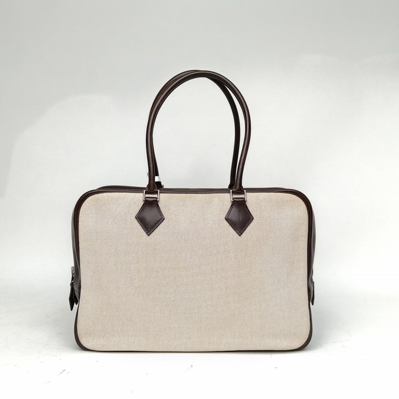 HERMES 46烏木色Box皮帆布框F銀扣Plume手提包32-2