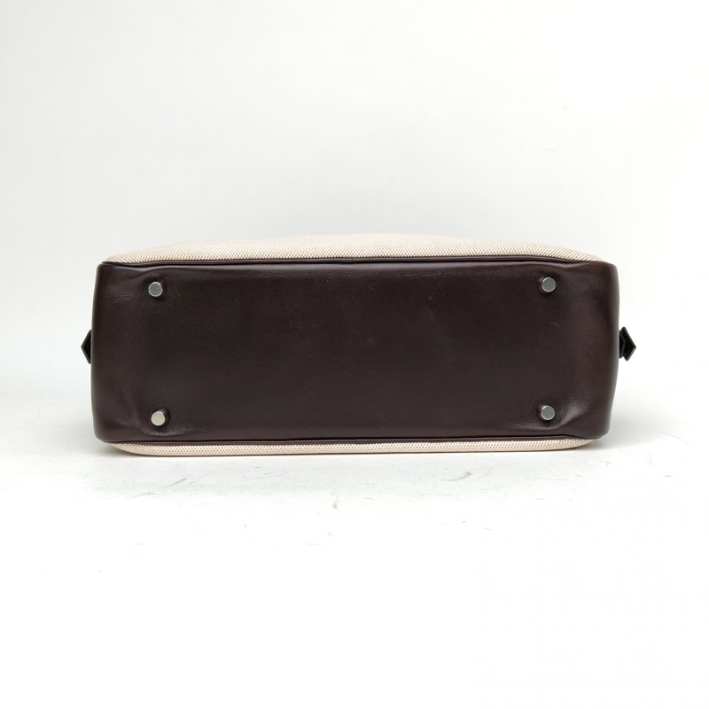 HERMES 46烏木色Box皮帆布框F銀扣Plume手提包32-3