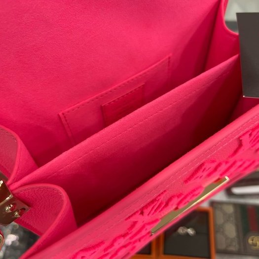 東區正精品㊣LV MINI DAUPHINE M20747 全新達芙妮螢光粉紅色簇絨粒面小牛皮肩背斜背包 RA1600-4
