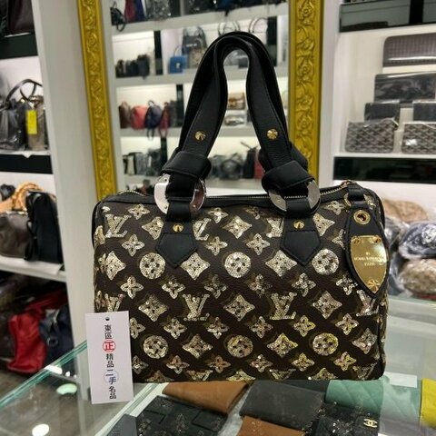 東區正精品㊣LV M40244 SPEEDY 原花黑色皮革金色亮片拉鍊手提把金釦波士頓包 RZ4127