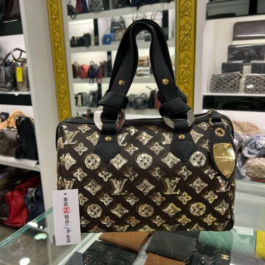 東區正精品㊣LV M40244 SPEEDY 原花黑色皮革金色亮片拉鍊手提把金釦波士頓包 RZ4127-0
