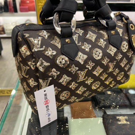 東區正精品㊣LV M40244 SPEEDY 原花黑色皮革金色亮片拉鍊手提把金釦波士頓包 RZ4127-4