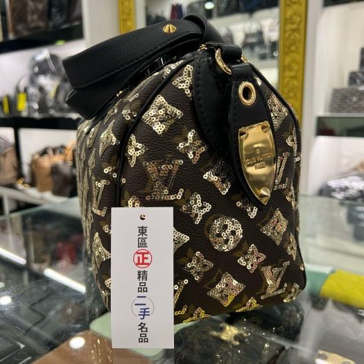 東區正精品㊣LV M40244 SPEEDY 原花黑色皮革金色亮片拉鍊手提把金釦波士頓包 RZ4127-5