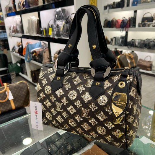 東區正精品㊣LV M40244 SPEEDY 原花黑色皮革金色亮片拉鍊手提把金釦波士頓包 RZ4127-6