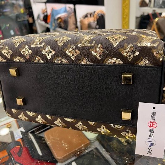 東區正精品㊣LV M40244 SPEEDY 原花黑色皮革金色亮片拉鍊手提把金釦波士頓包 RZ4127-7