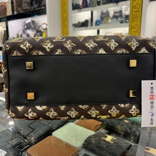 東區正精品㊣LV M40244 SPEEDY 原花黑色皮革金色亮片拉鍊手提把金釦波士頓包 RZ4127-8