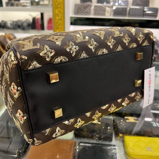 東區正精品㊣LV M40244 SPEEDY 原花黑色皮革金色亮片拉鍊手提把金釦波士頓包 RZ4127-9