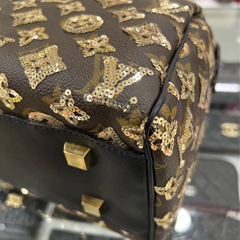 東區正精品㊣LV M40244 SPEEDY 原花黑色皮革金色亮片拉鍊手提把金釦波士頓包 RZ4127-15