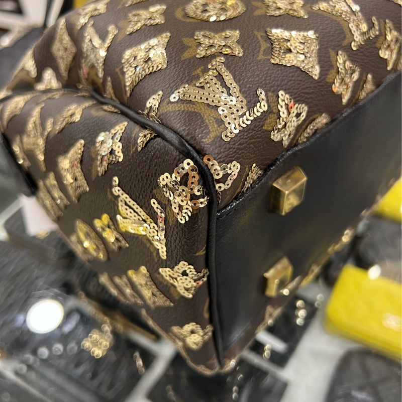 東區正精品㊣LV M40244 SPEEDY 原花黑色皮革金色亮片拉鍊手提把金釦波士頓包 RZ4127-17