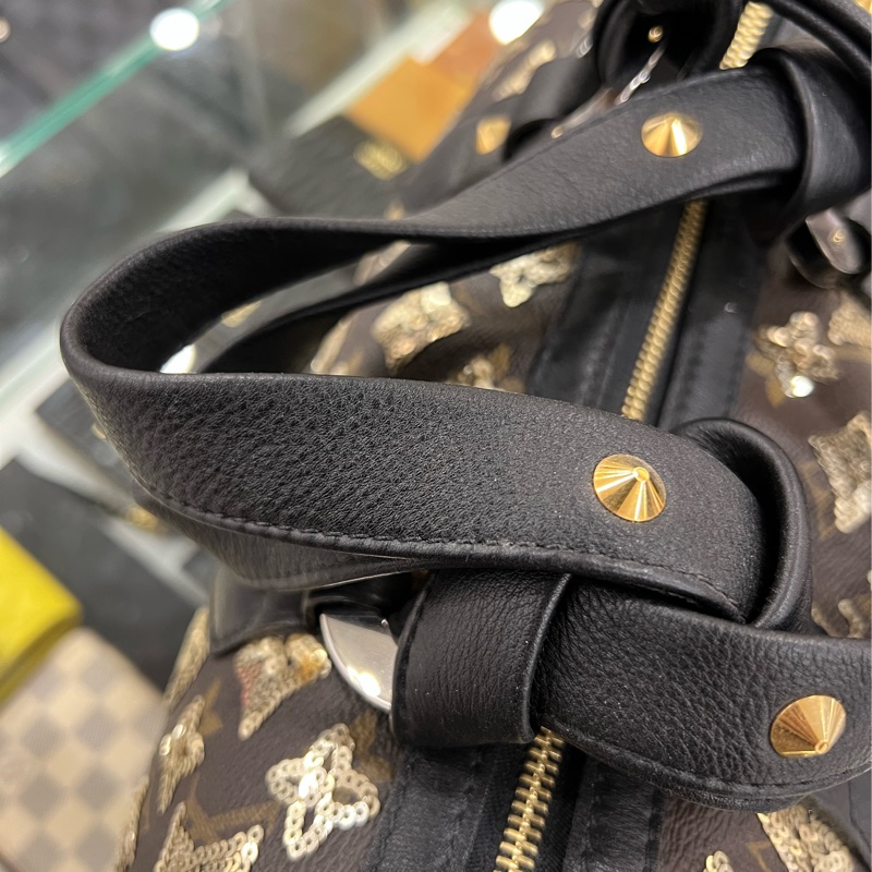 東區正精品㊣LV M40244 SPEEDY 原花黑色皮革金色亮片拉鍊手提把金釦波士頓包 RZ4127-19