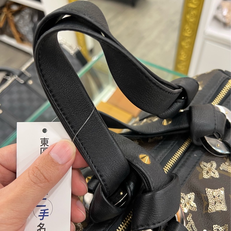 東區正精品㊣LV M40244 SPEEDY 原花黑色皮革金色亮片拉鍊手提把金釦波士頓包 RZ4127-20