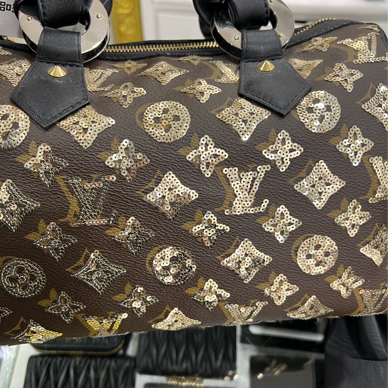 東區正精品㊣LV M40244 SPEEDY 原花黑色皮革金色亮片拉鍊手提把金釦波士頓包 RZ4127-13