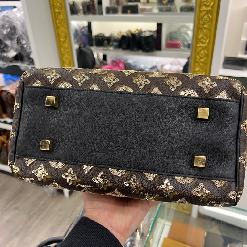 東區正精品㊣LV M40244 SPEEDY 原花黑色皮革金色亮片拉鍊手提把金釦波士頓包 RZ4127-18