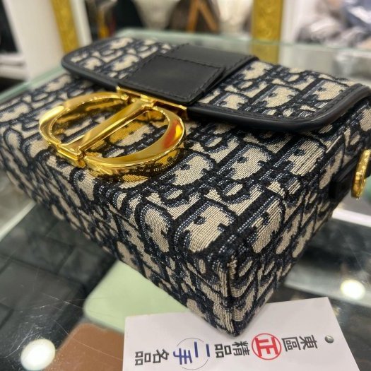 東區正精品㊣DIOR MONTAIGNE 藍色老花金釦蒙田包迷你寬背帶斜背包 MINI BOX RZ4110-4