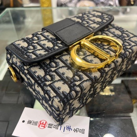 東區正精品㊣DIOR MONTAIGNE 藍色老花金釦蒙田包迷你寬背帶斜背包 MINI BOX RZ4110-5