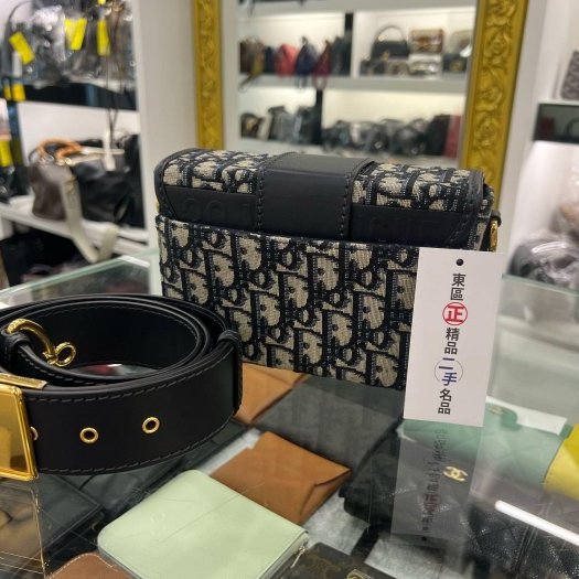 東區正精品㊣DIOR MONTAIGNE 藍色老花金釦蒙田包迷你寬背帶斜背包 MINI BOX RZ4110-6