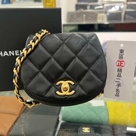 東區正精品㊣CHANEL 黑色羊皮霧金鍊金扣迷你斜背包小廢包 RZ4108