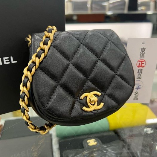 東區正精品㊣CHANEL 黑色羊皮霧金鍊金扣迷你斜背包小廢包 RZ4108-1