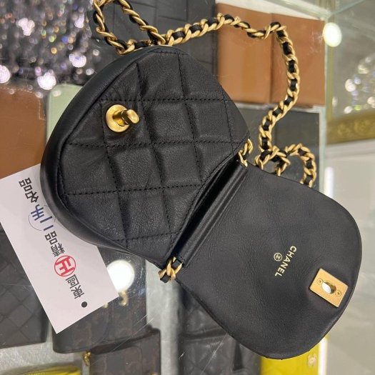 東區正精品㊣CHANEL 黑色羊皮霧金鍊金扣迷你斜背包小廢包 RZ4108-2
