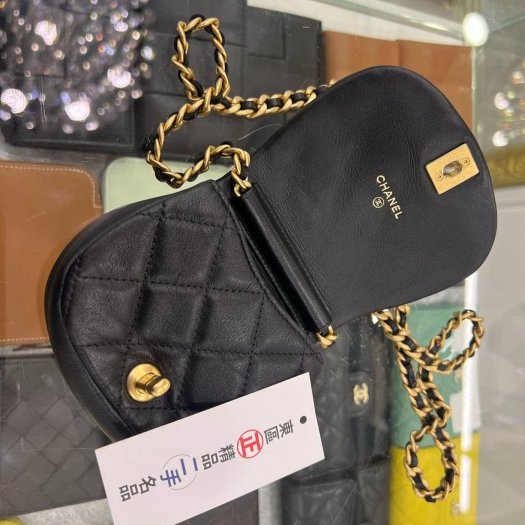 東區正精品㊣CHANEL 黑色羊皮霧金鍊金扣迷你斜背包小廢包 RZ4108-3