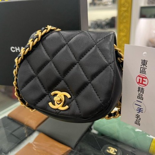 東區正精品㊣CHANEL 黑色羊皮霧金鍊金扣迷你斜背包小廢包 RZ4108-5