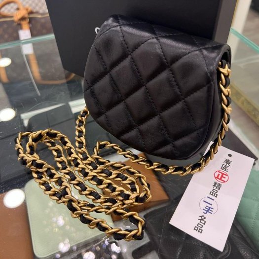 東區正精品㊣CHANEL 黑色羊皮霧金鍊金扣迷你斜背包小廢包 RZ4108-8