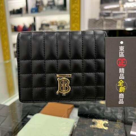 東區正精品㊣BURBERRY 8062372 全新黑色全皮金色TB釦子拉鍊三折零錢短夾 RZ4092